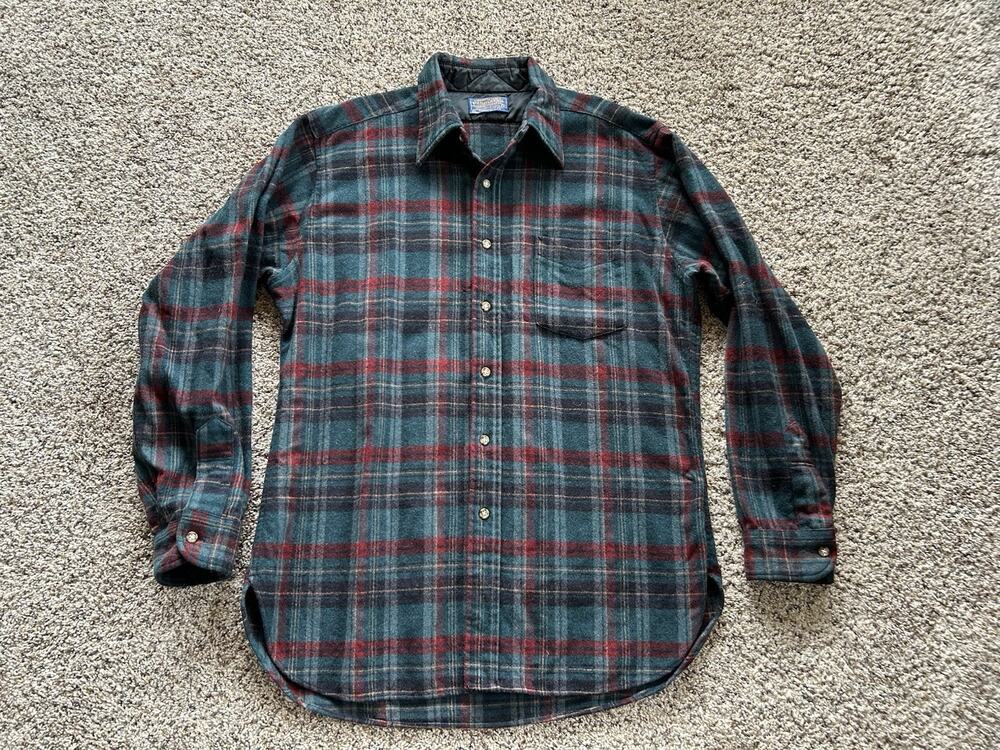 Vtg 60/70s Pendleton Virgin Wool Shirt Men's L Plaid Green Red *READ* USA G26